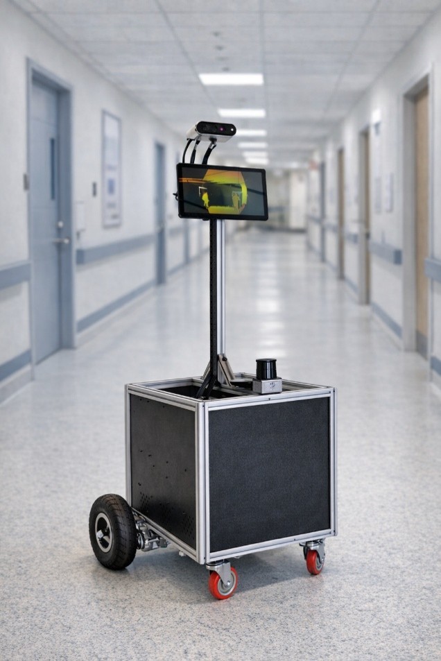 The CORA robot prototype — a mobile base with an on-device camera and tablet — beside a clinician at the University of Florida College of Medicine